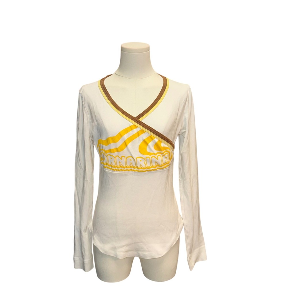 ⁠Vintage Fornarina Y2K Graphic Long Sleeve Crossover V-Neck Baby Tee  Italy L⁠
